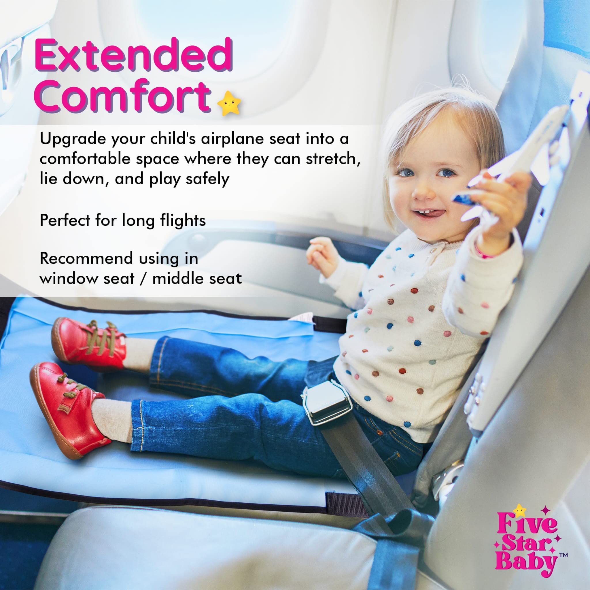 FIVESTARBABY airpline seat extender attached to seat back for quick secure install.