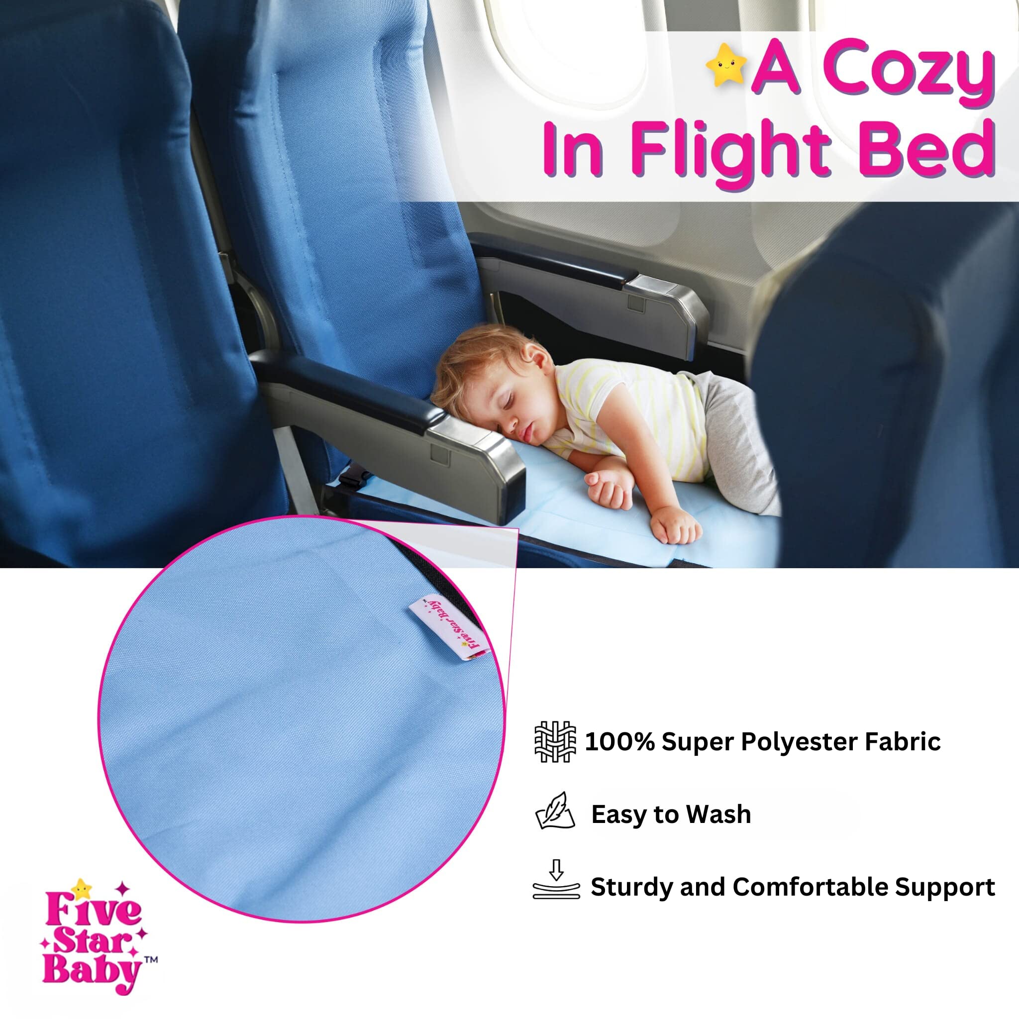 FIVESTARBABY seat back attachment system in use on a plane.