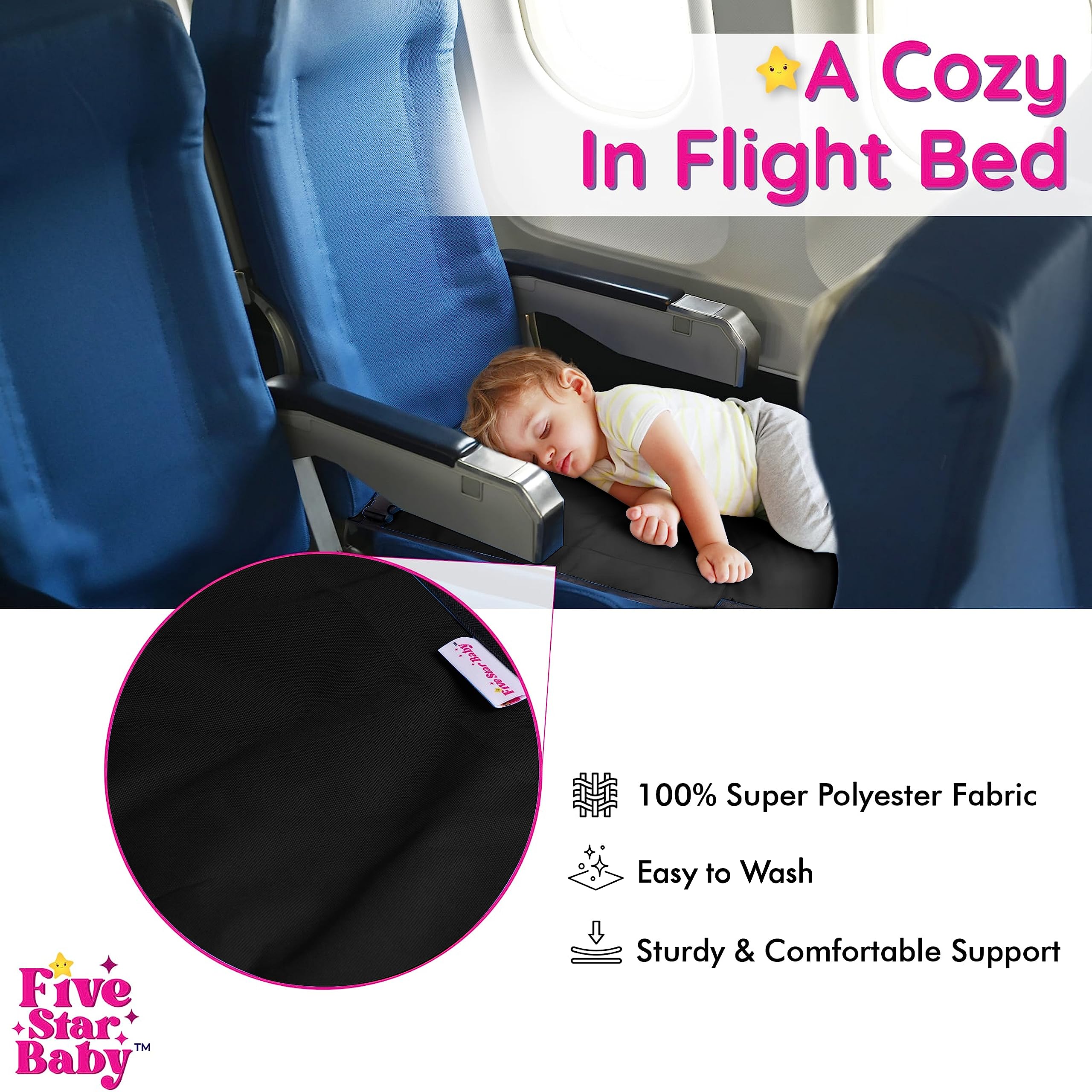 FIVESTARBABY toddler bed in flight provides space for stretches.