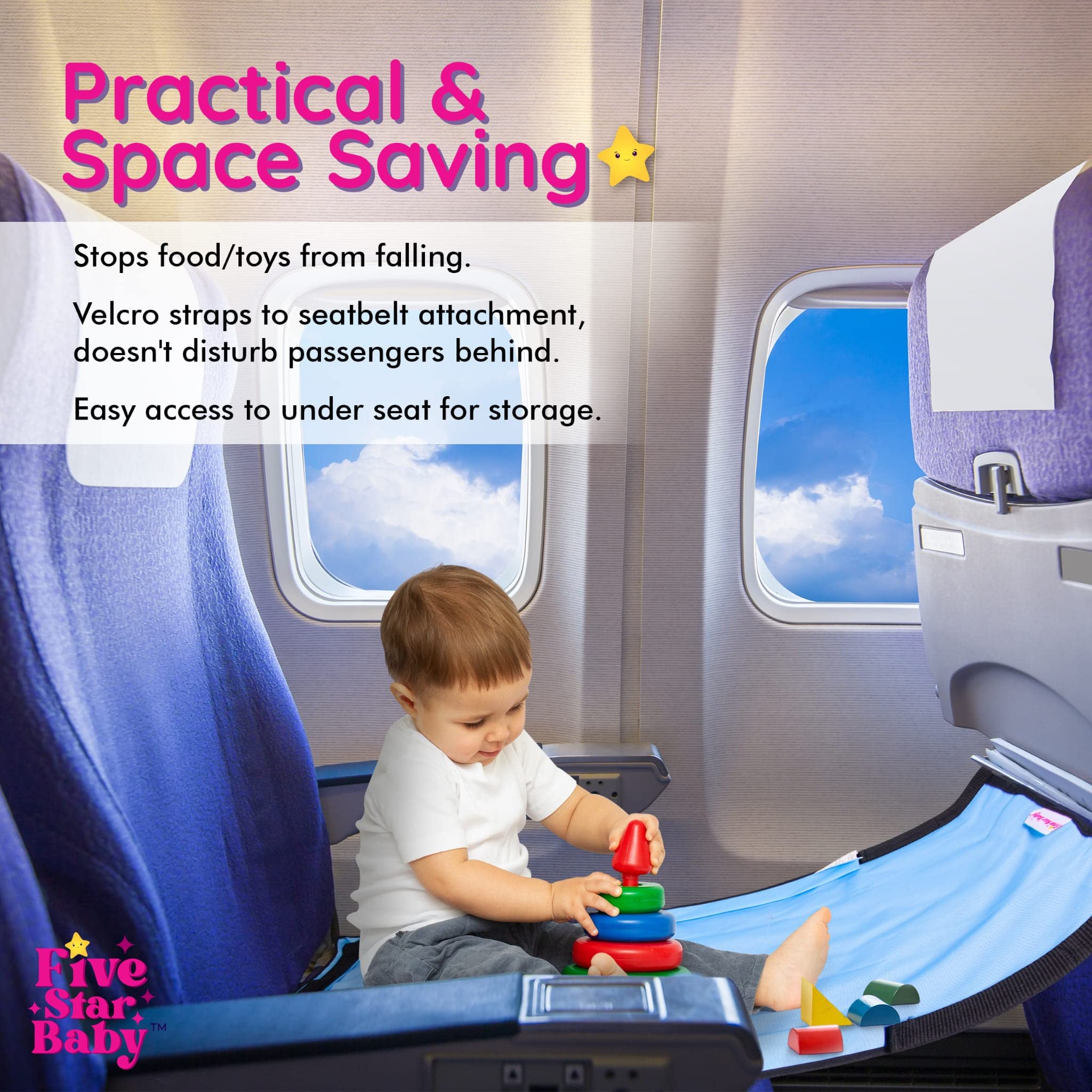 FIVESTARBABY cozy material cushions a sleeping child during flight.
