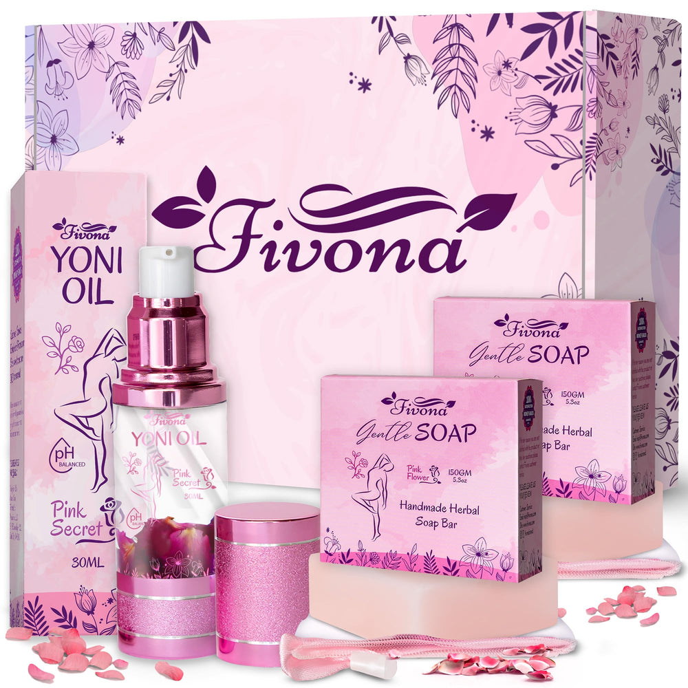 FIVONA 3-in-1 yoni oil and soap set on display for daily intimate care.