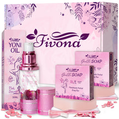 FIVONA 3-in-1 yoni oil and soap set on display for daily intimate care.