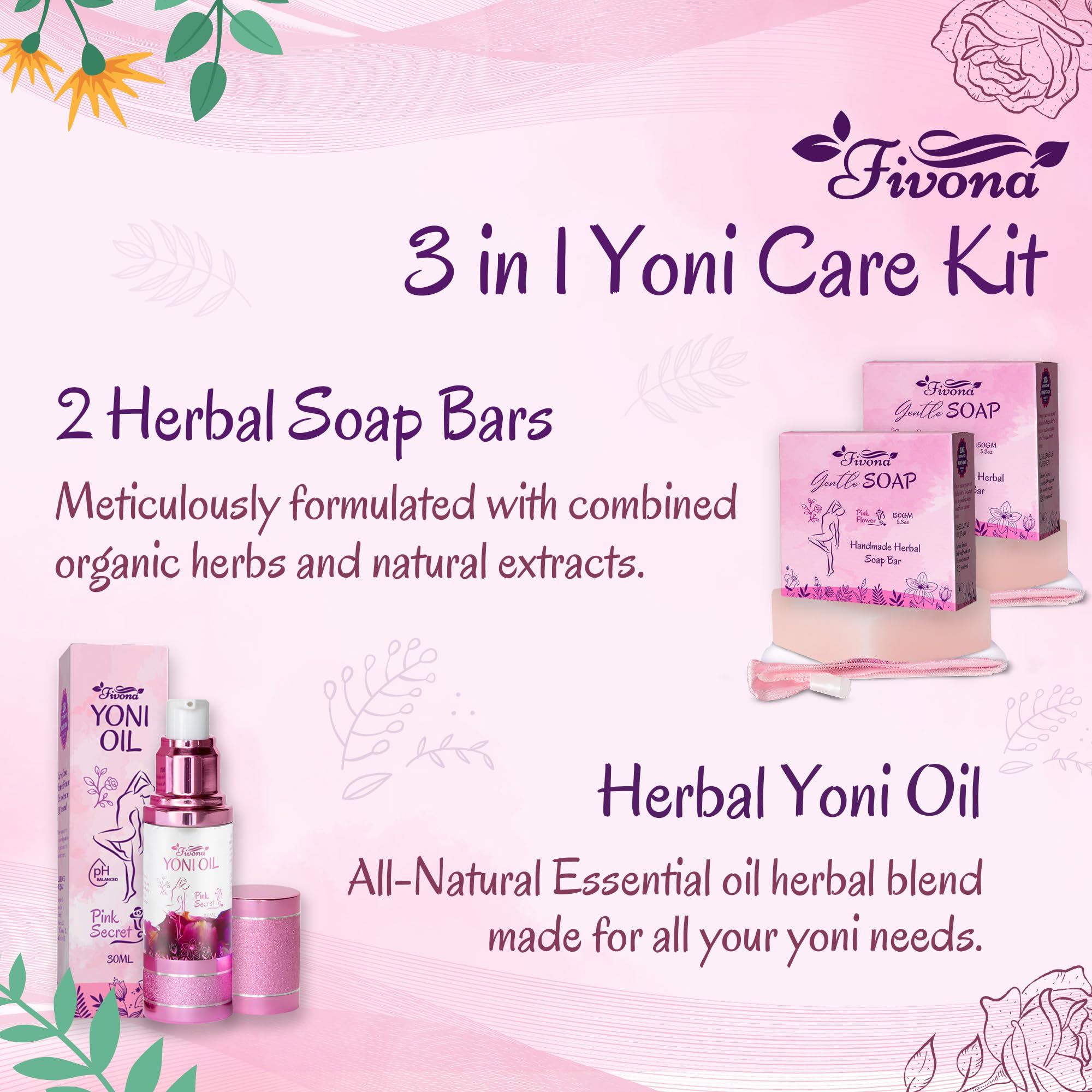 FIVONA yoni oil bottle shown with rose and chamomile for daily moisture.