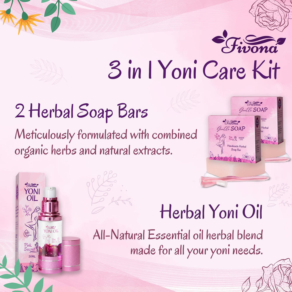 FIVONA yoni oil bottle shown with rose and chamomile for daily moisture.