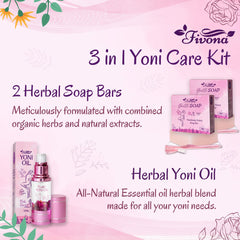 FIVONA yoni oil bottle shown with rose and chamomile for daily moisture.