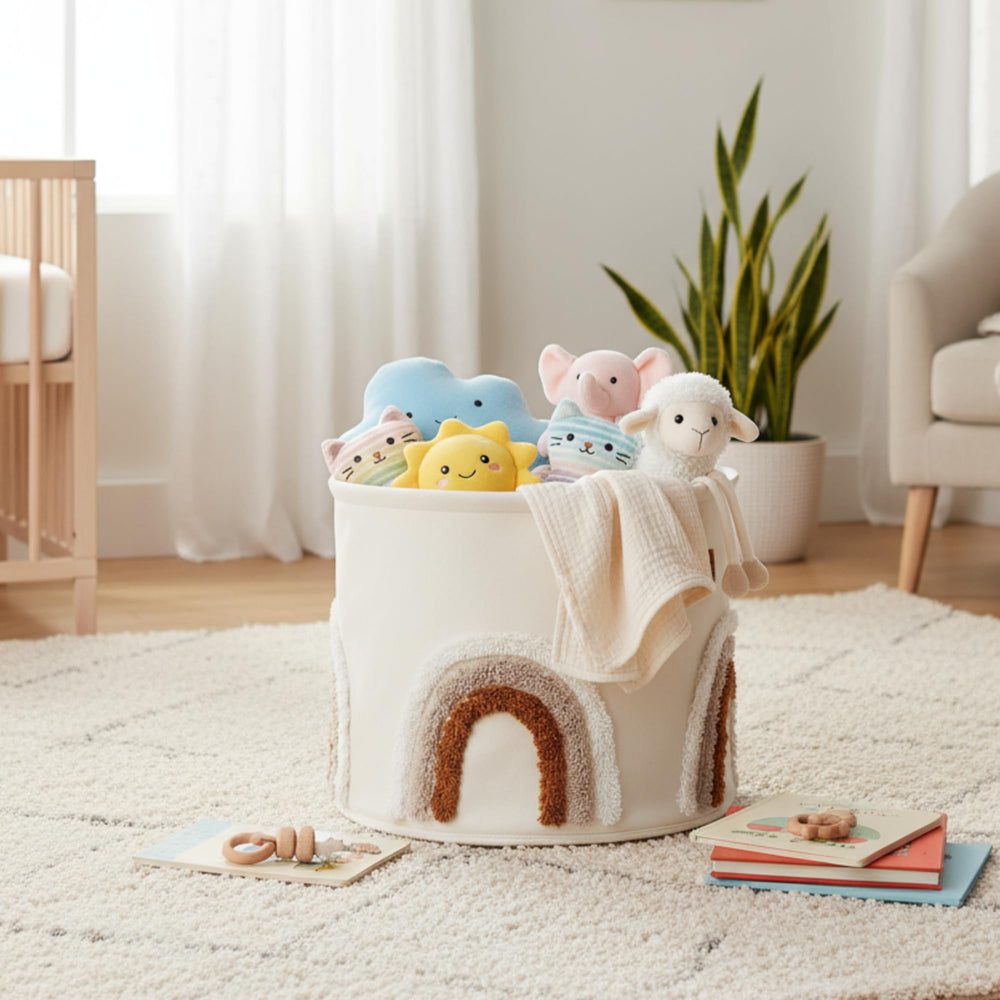 Fiwochic large canvas basket maintains upright shape for towels, toys, and books.