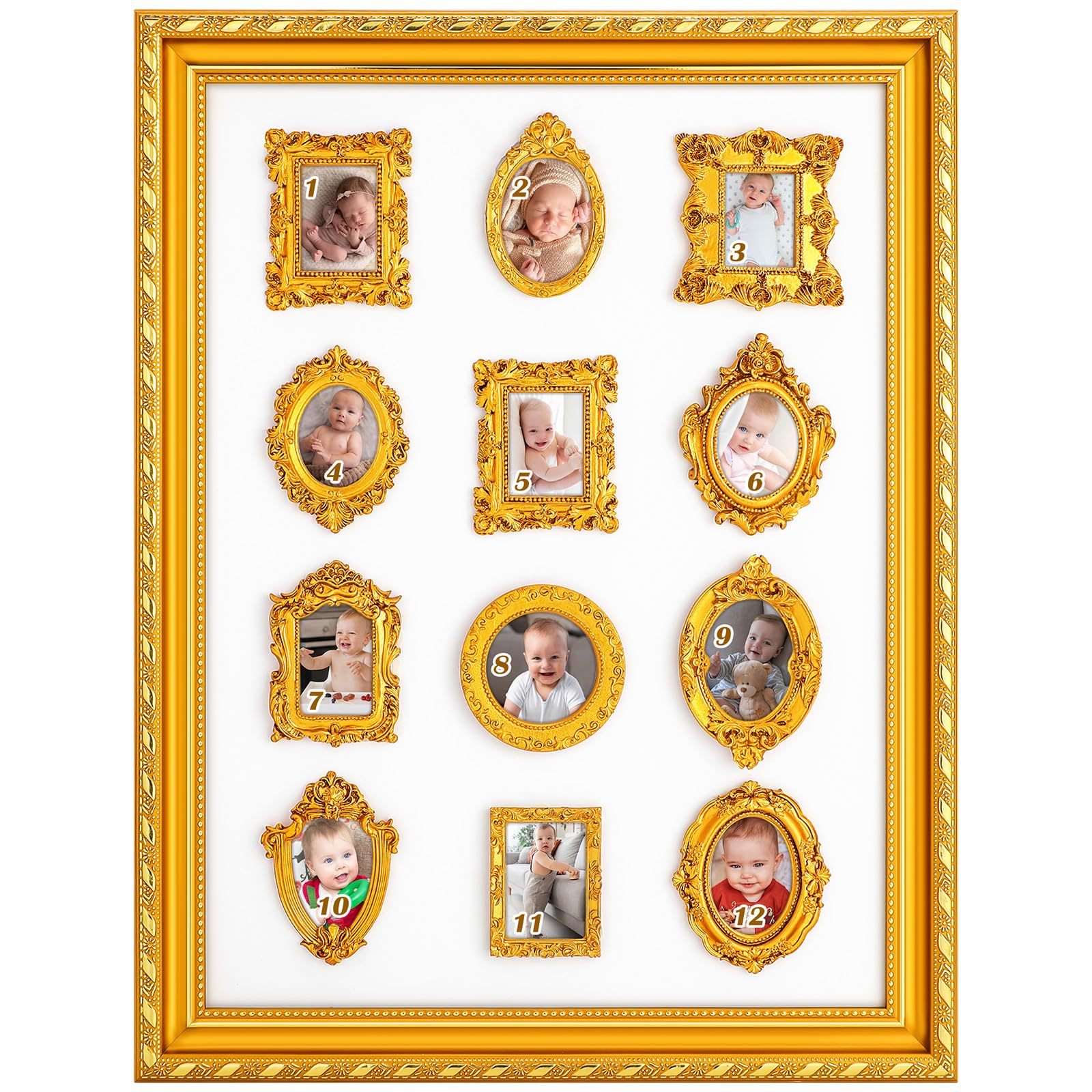 Fiwochic large gold photo board showing 12-month milestone layout for nursery decor