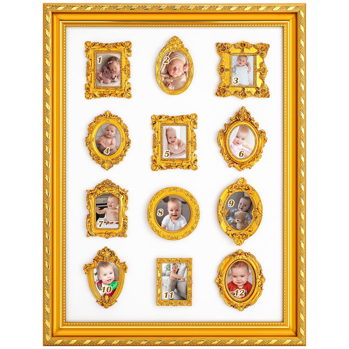 Fiwochic large gold photo board showing 12-month milestone layout for nursery decor