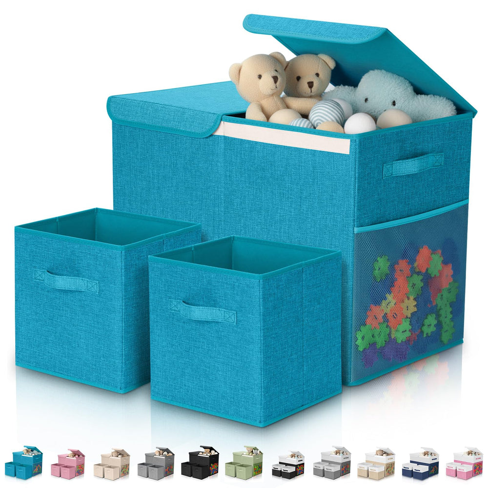Fiwochic large blue toy storage box with lid keeps living spaces tidy.