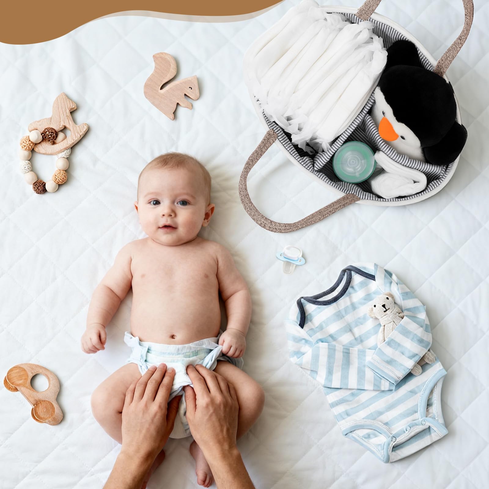 Fiwochic Macrame Diaper Caddy compact and portable for travel and rooms.