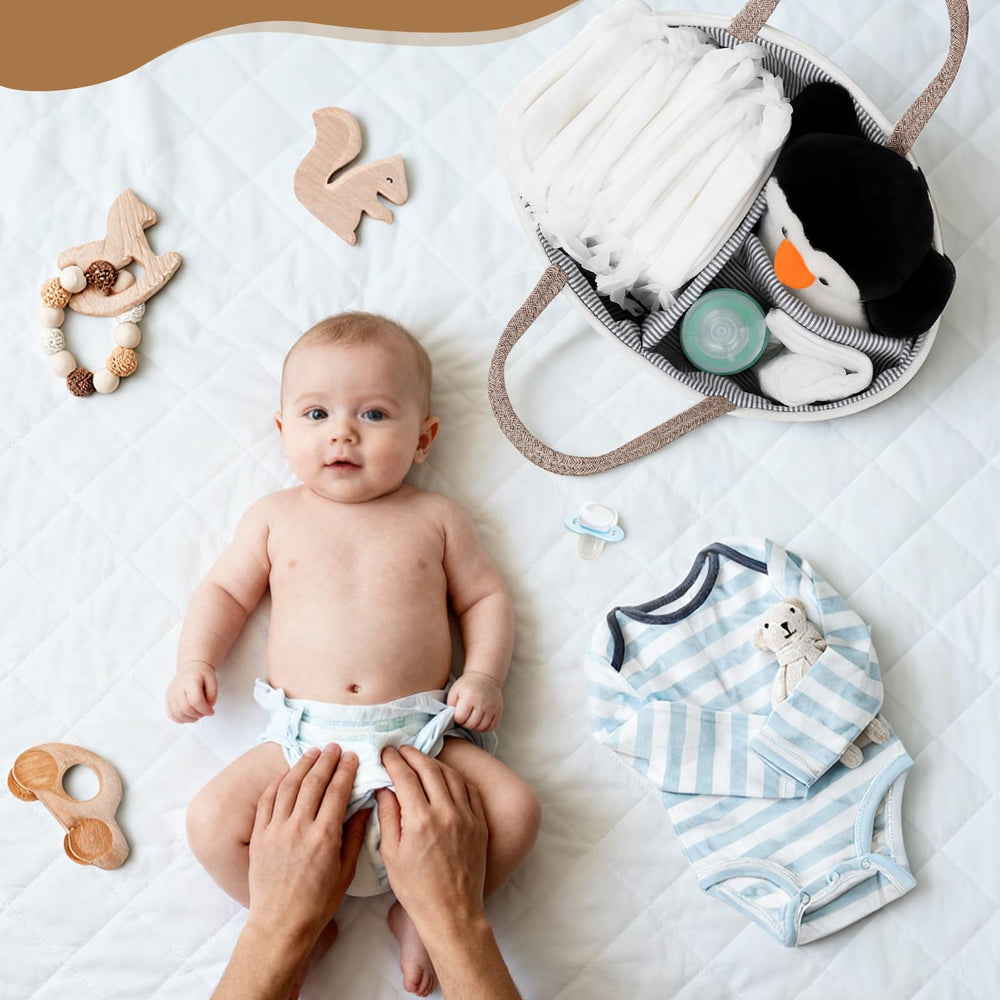 Fiwochic Macrame Diaper Caddy compact and portable for travel and rooms.