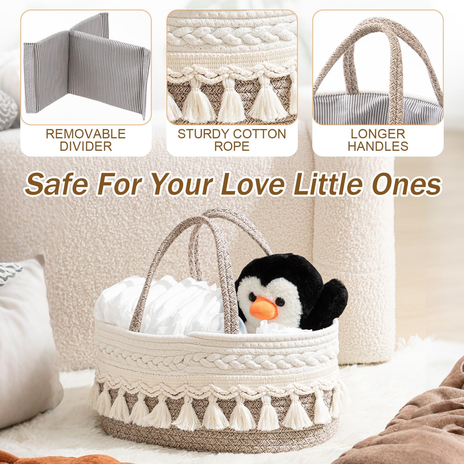 Fiwochic Macrame Diaper Caddy features removable dividers for flexible organization.