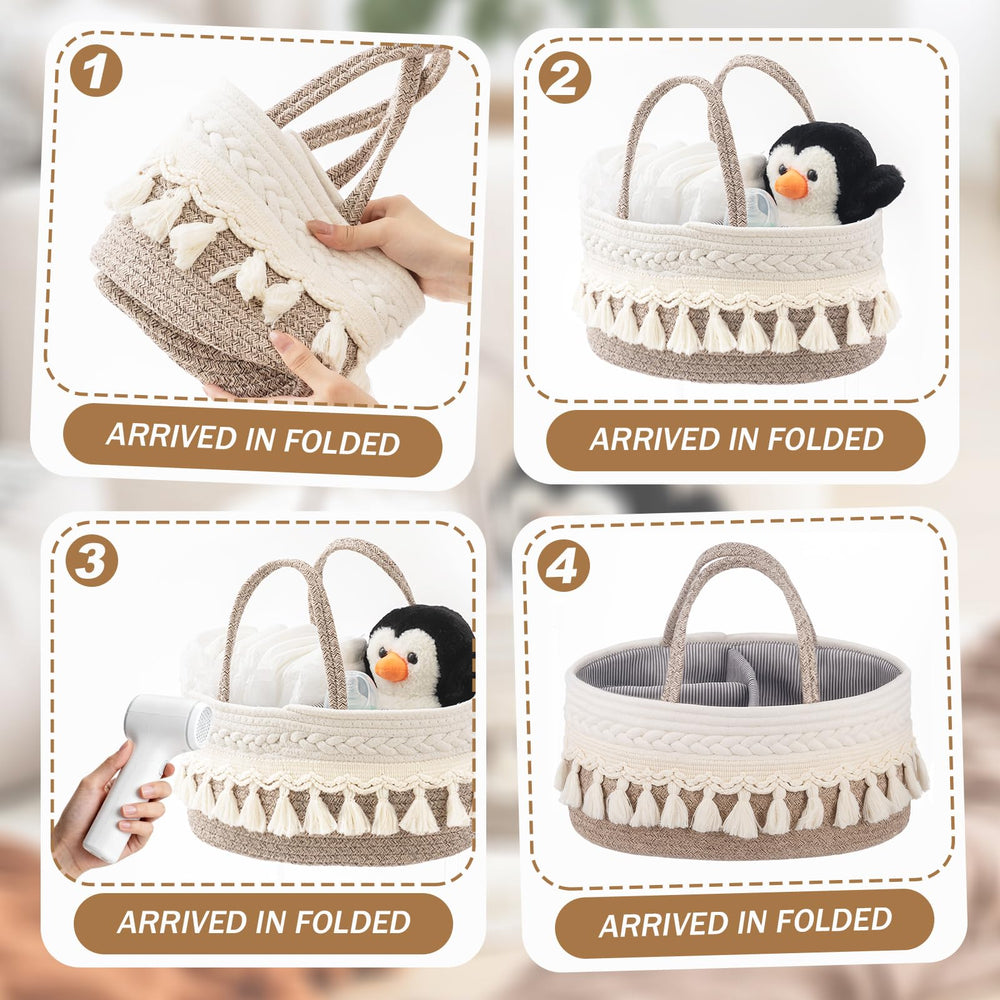 Fiwochic Macrame Diaper Caddy in white blends with nursery decor.