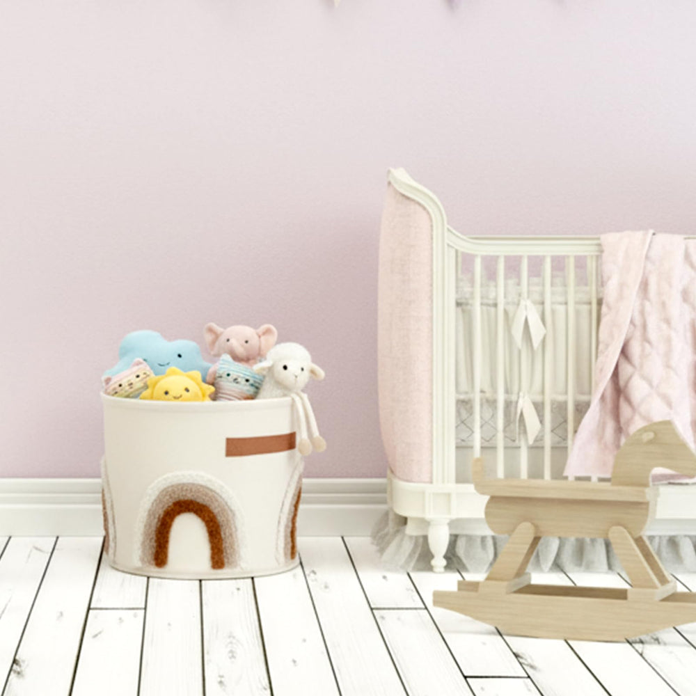 Fiwochic nursery storage basket with earth-tone rainbow for chic organization.