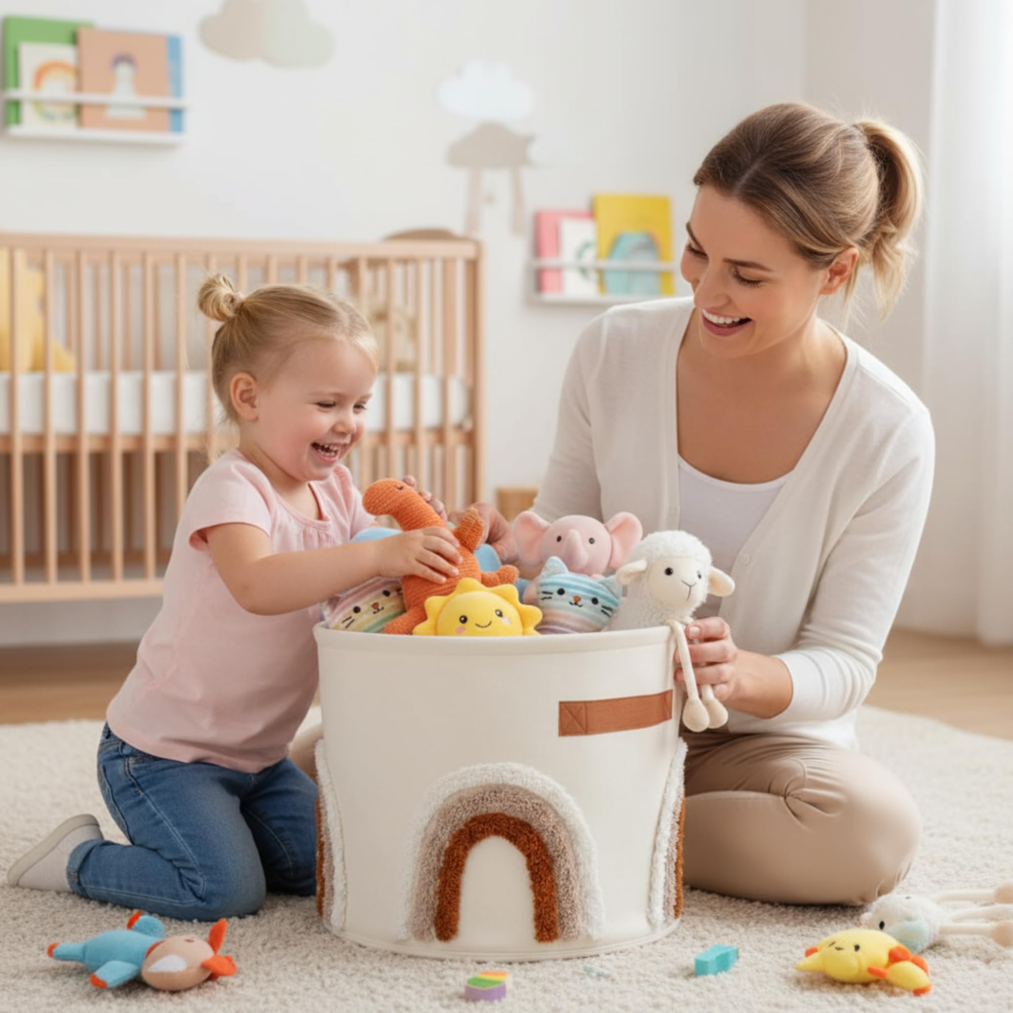 Fiwochic rainbow toy bin brings decorative yet practical nursery storage.
