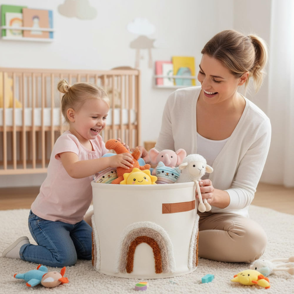 Fiwochic rainbow toy bin brings decorative yet practical nursery storage.