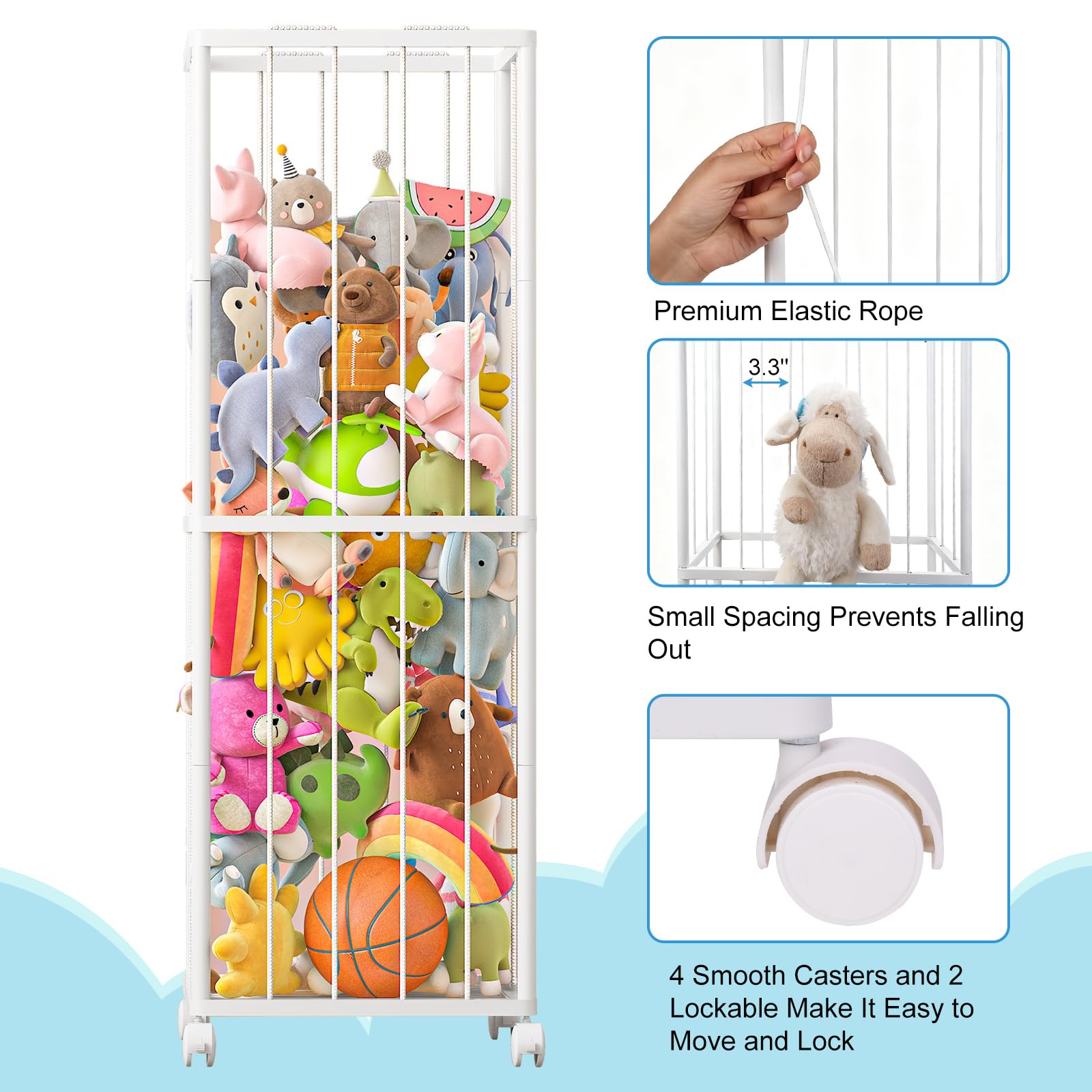 Close-up of elastic band and net securing plush toys.