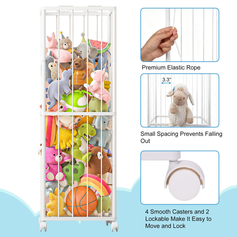 Close-up of elastic band and net securing plush toys.