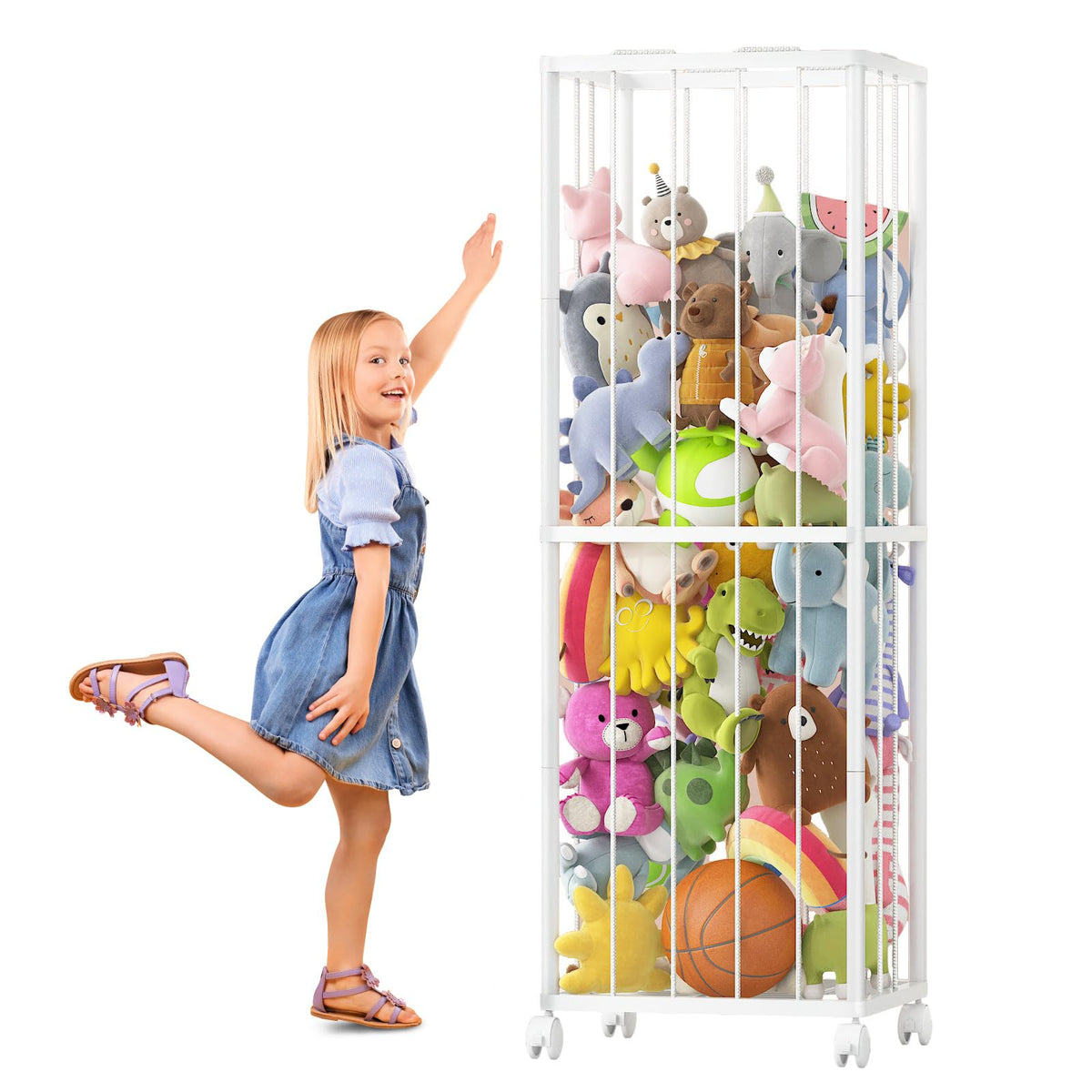 Fixwal stuffed animal storage zoo front view shows vertical organization.