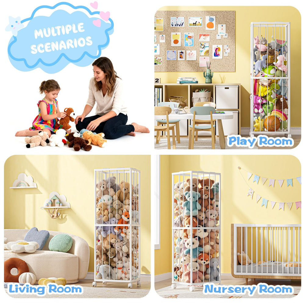 Playroom setup with Fixwal stuffed animal storage zoo display.