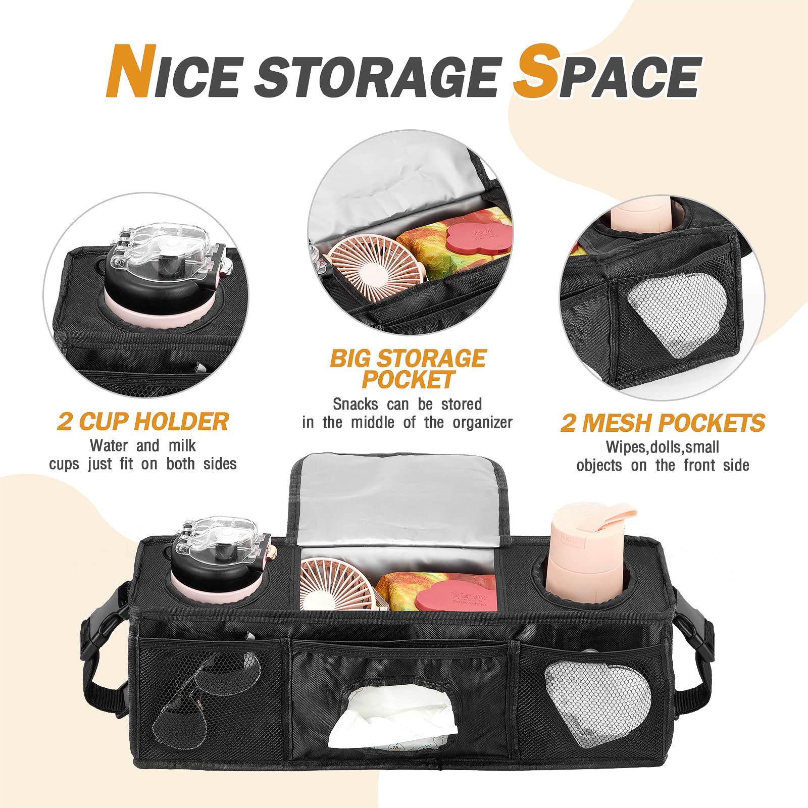 Fizentia parent console central storage shows roomy pocket for essentials.