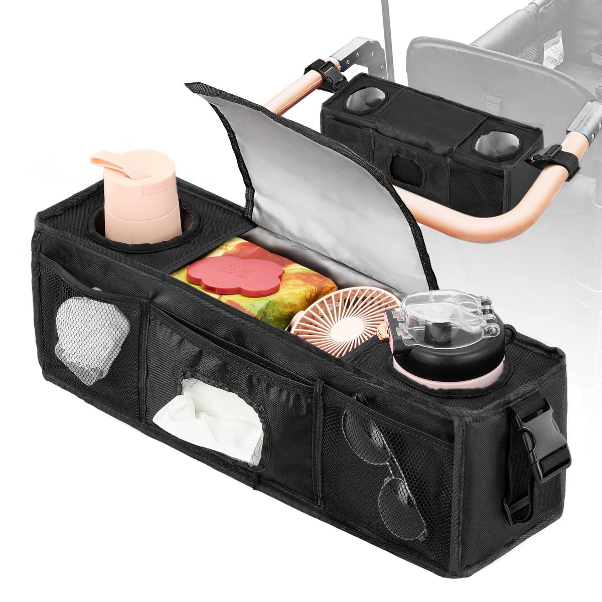 Fizentia parent console with wagon straps keeps belongings secure during bumpy rides.