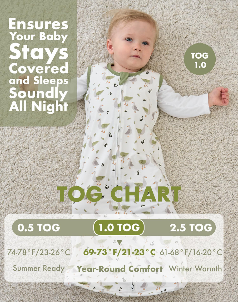 FJORHAL adjustable size range from newborn to 24 months demonstrates growth-friendly sleep.