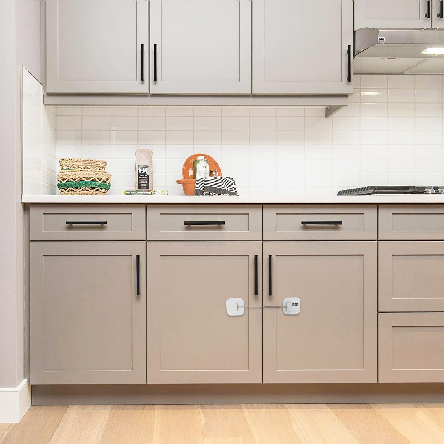 FKTUV childproof lock installed on cabinet door for safe, spill-free storage.
