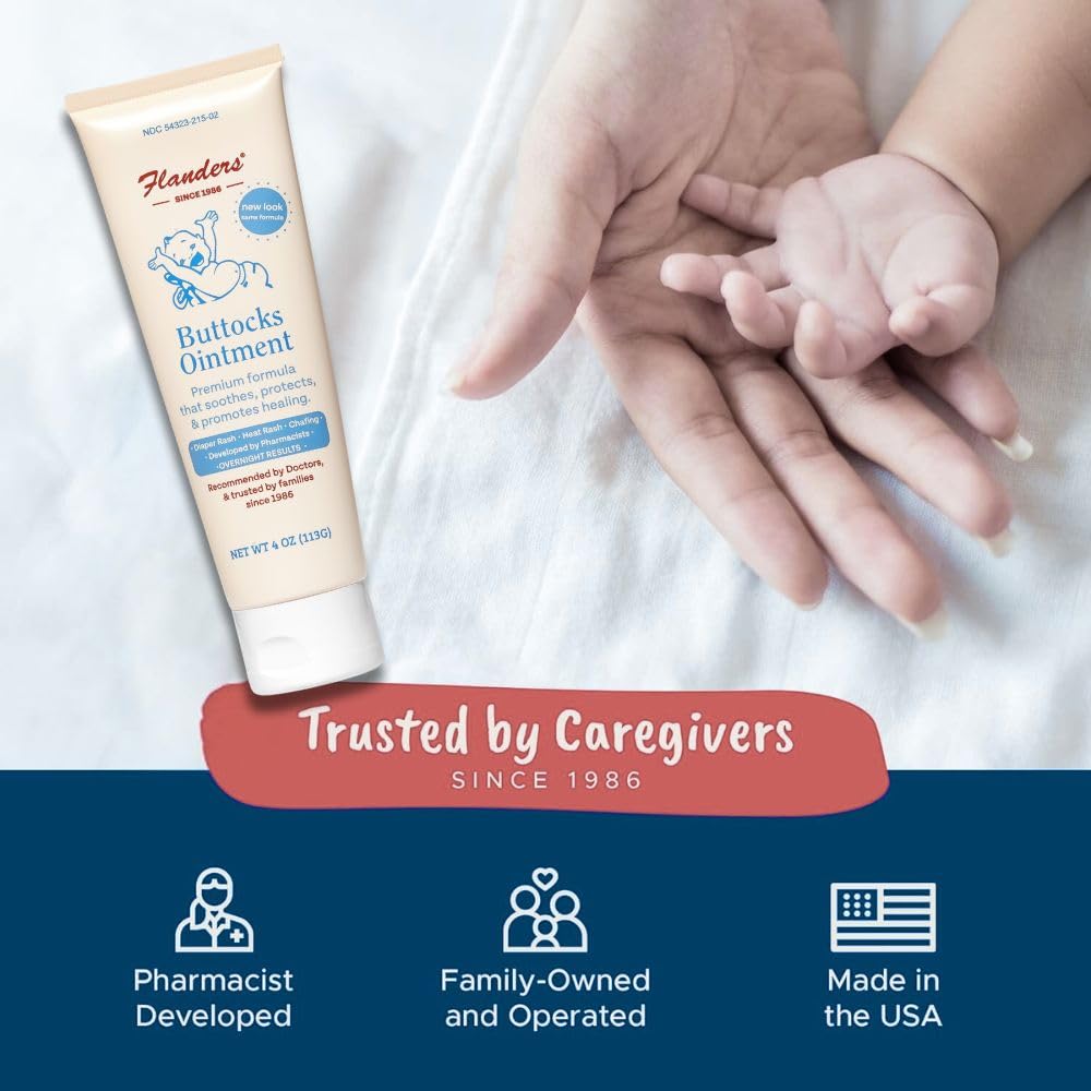 Flanders Buttocks Ointment applied to diaper area to soothe irritation and seal moisture.