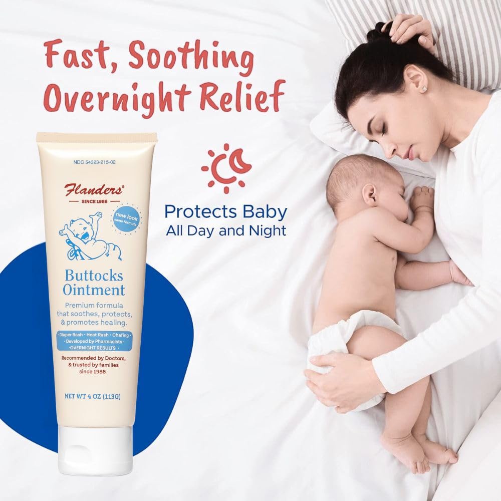 Flanders Buttocks Ointment box back shows usage guidance for diaper area care.