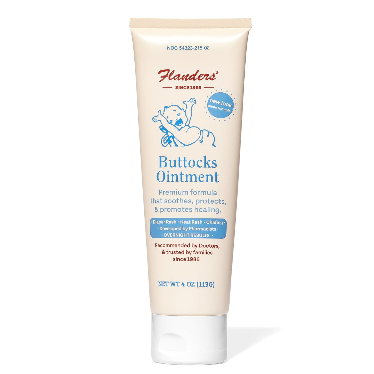 Flanders Buttocks Ointment tube front view for diaper rash protection and comfort.