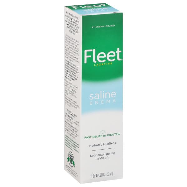 Fleet Enema saline ready-to-use 4.5 oz bottle beside exam prep supplies