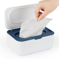 Flenpptly baby wipes dispenser blue front view keeps wipes moist and accessible.