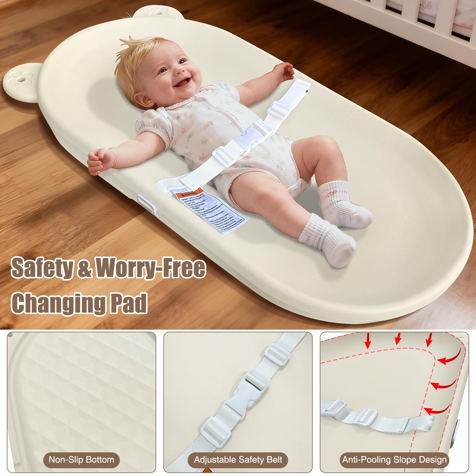 FLEUFAB changing pad with adjustable strap for secure diaper changes.