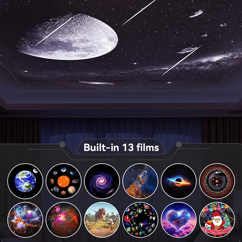 FLEVO planetarium at home projects galaxy discs for immersive science-inspired evenings.