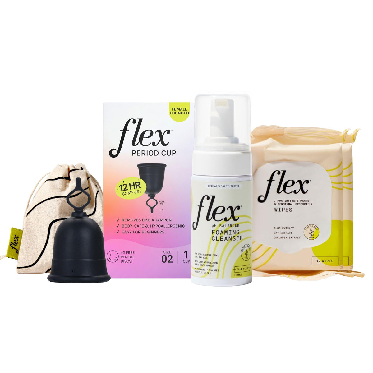 Flex Cup Size 02 Starter Bundle shown as a compact, reusable kit for on-the-go care