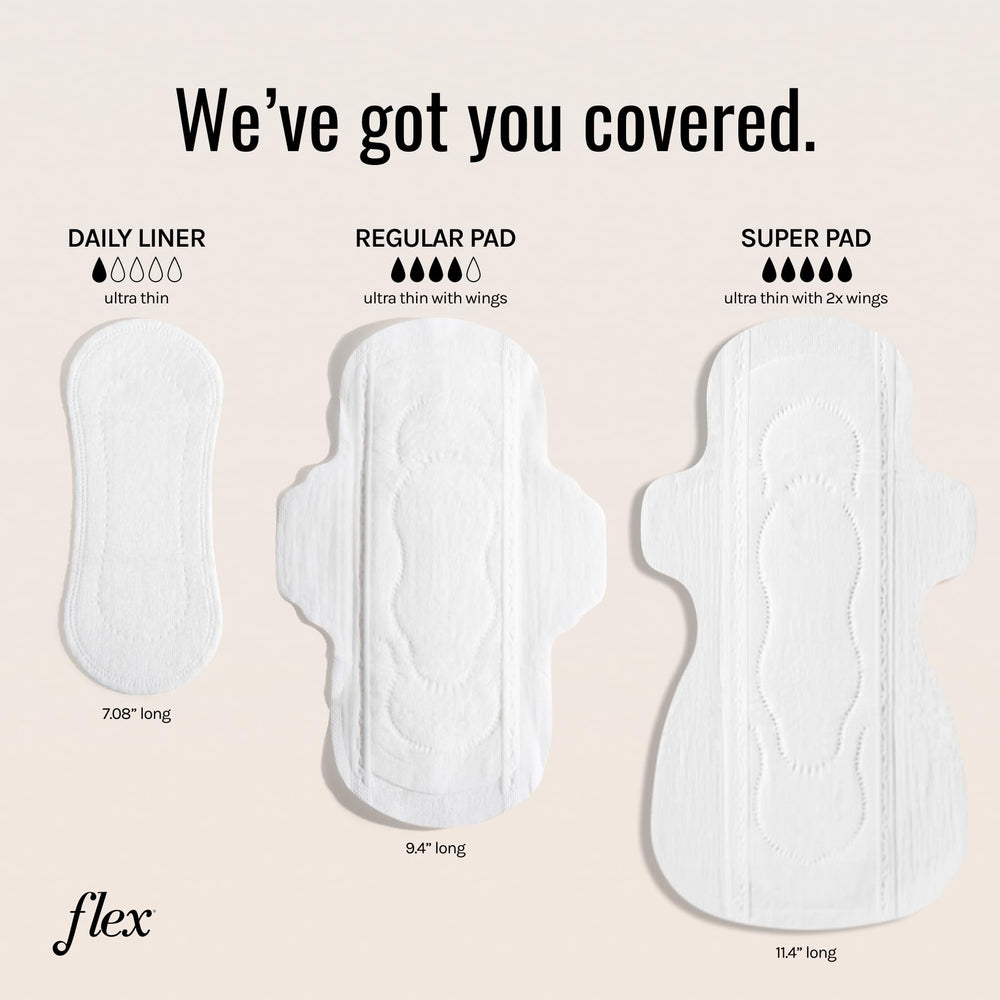 FLEX Ultra Thin Pads with Wings fragrance-free packaging highlights unscented option