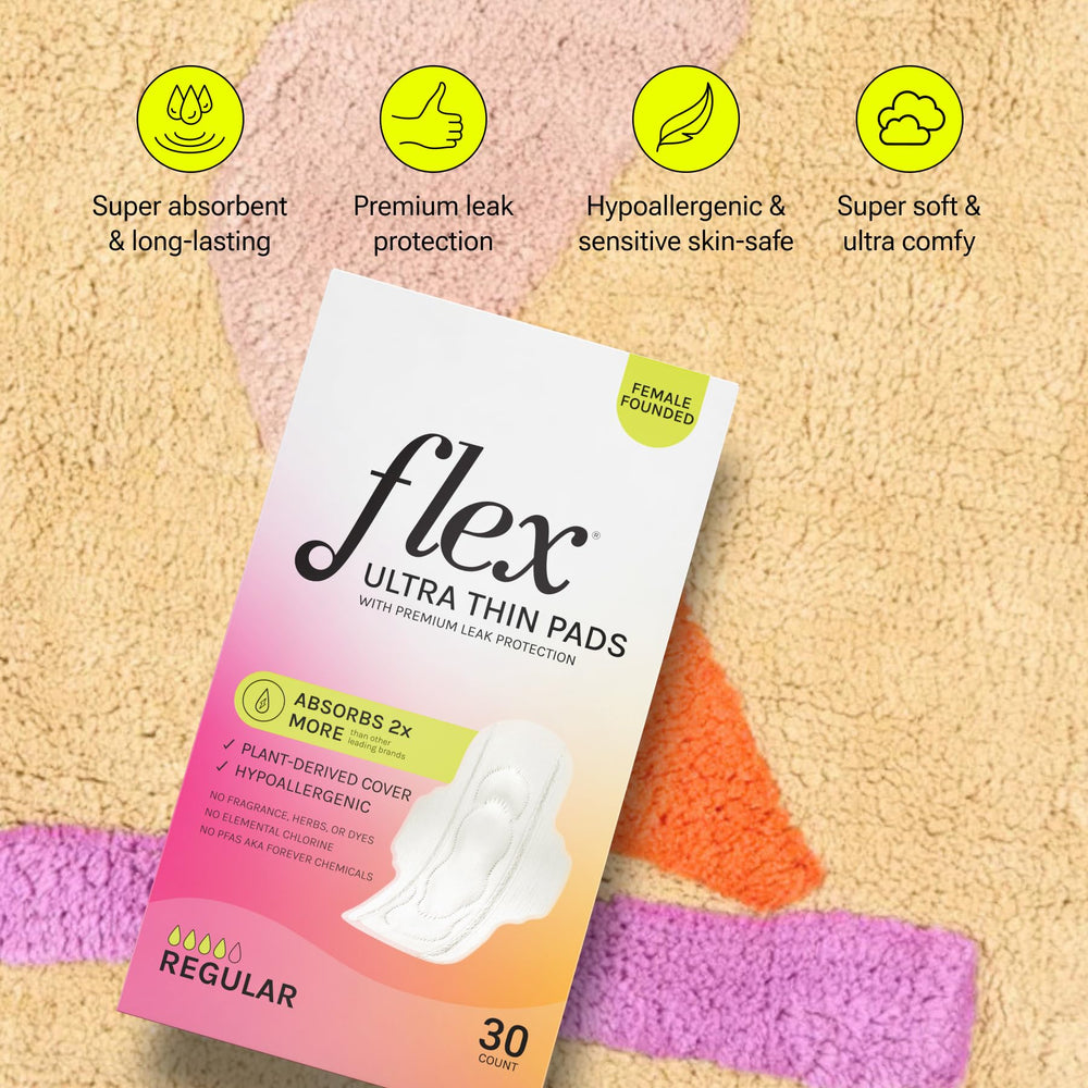 FLEX Ultra Thin Pads with Wings leak-protection channels visible for secure wear