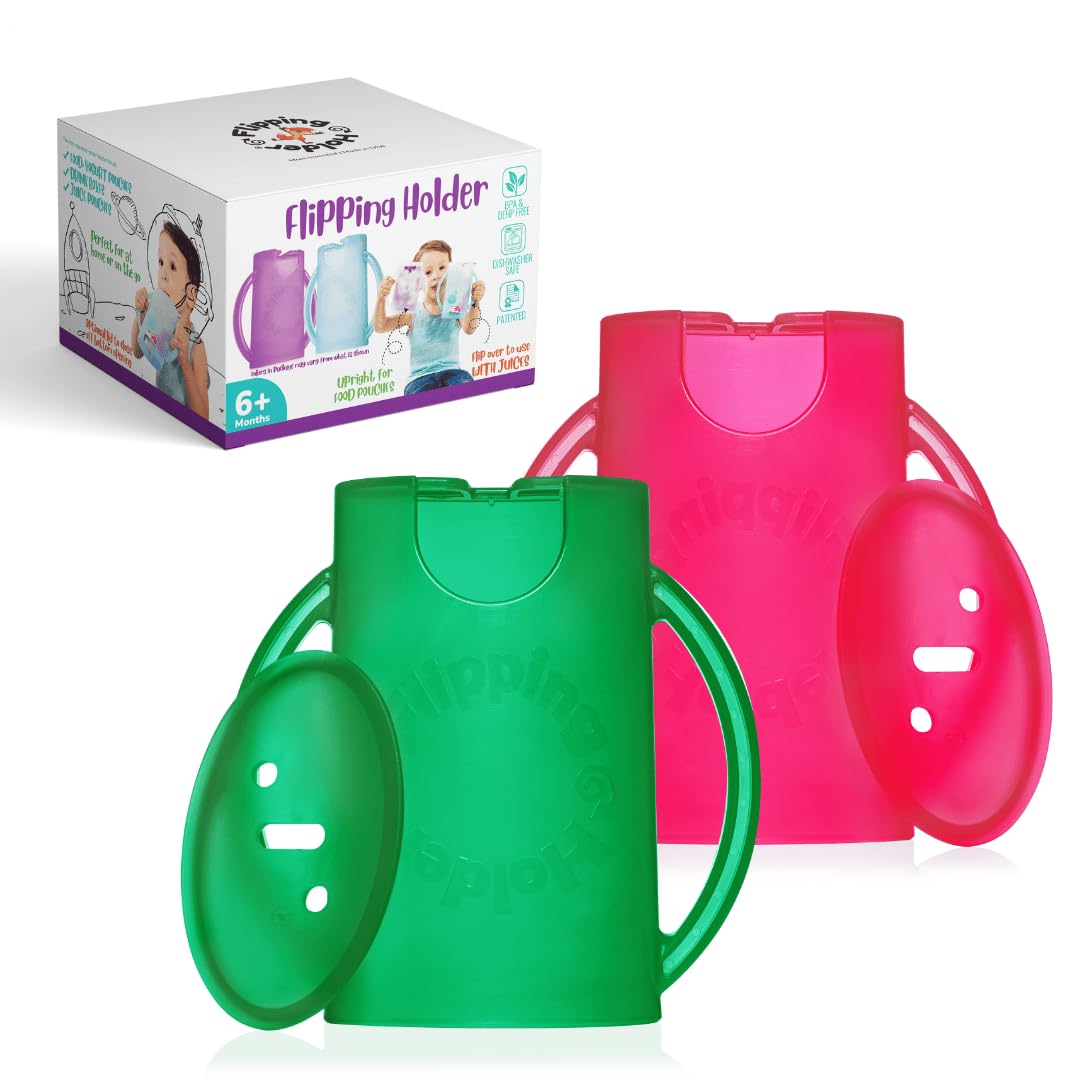 Flipping Holder mess-free snack pouch in action keeps meals tidy for toddlers.