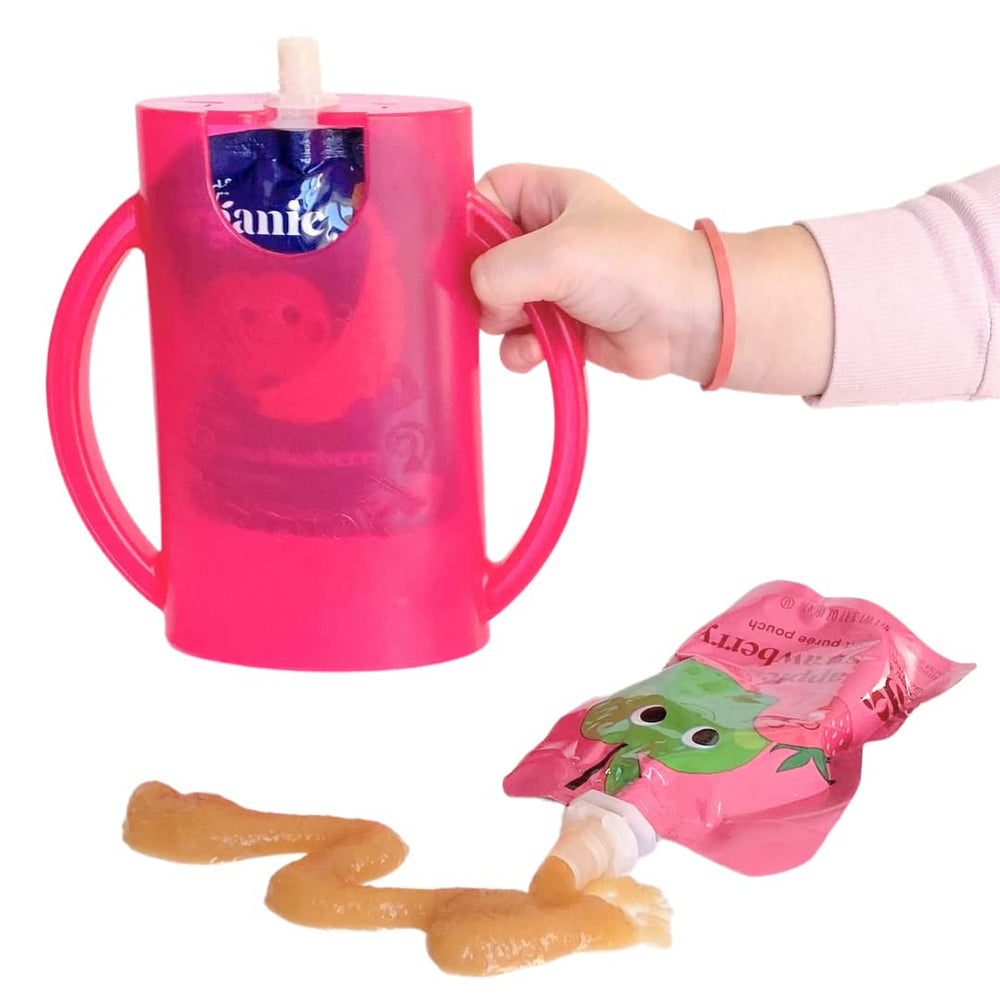 Flipping Holder mess-free snacking for pouches and juice boxes.