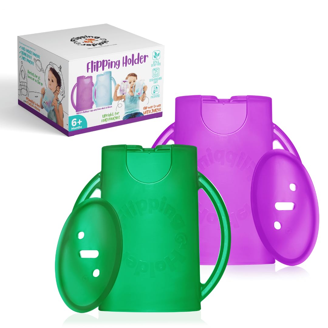 Flipping Holder securely grips squeeze pouches for mess-free eating at home.