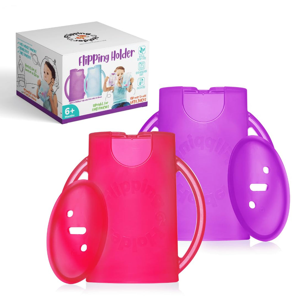 Flipping Holder squeeze-proof food pouch holder keeps mess-free snacks for toddlers.