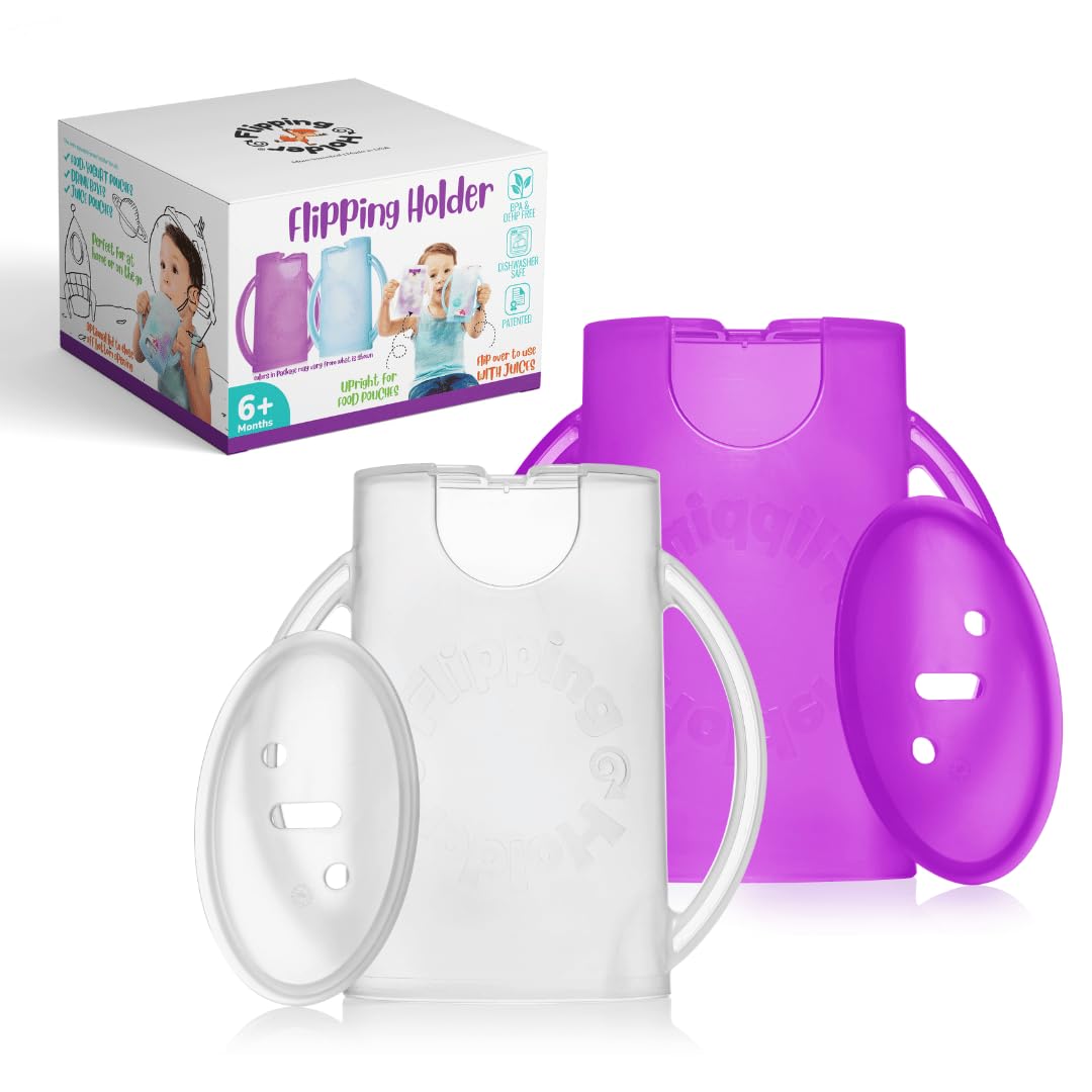 Flipping Holder squeez-proof pouch holder showing mess-free pouch snacking for toddlers