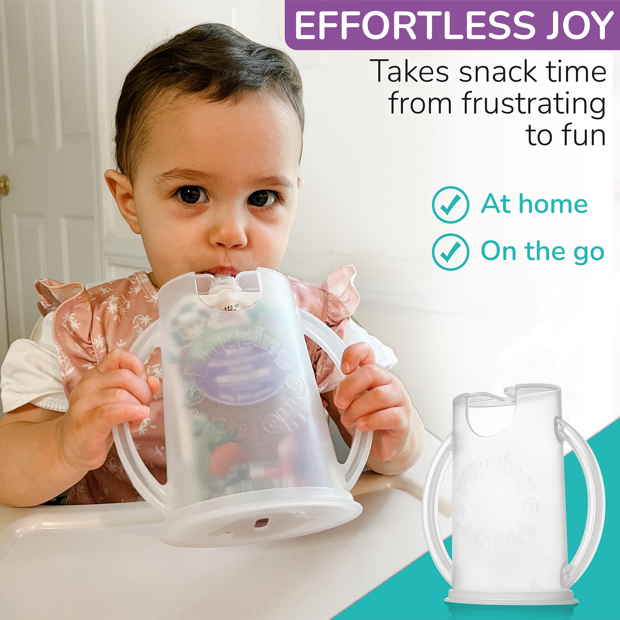 Flipping Holder stand-up pouch use shows upright feeding for pouch snacks.