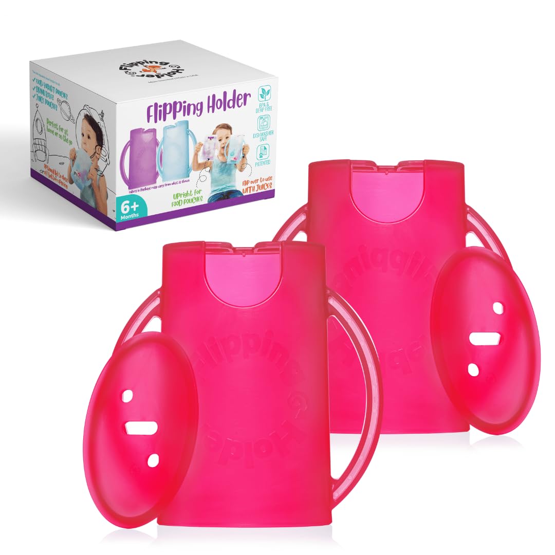 Flipping Holder two-pack with lids demonstrates mess-free snacking for pouches on the go.