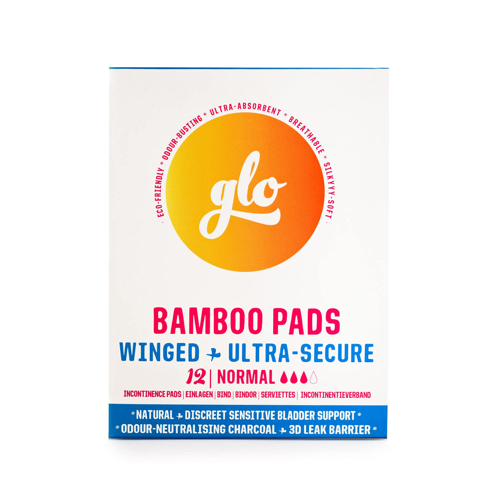FLO glo organic bamboo pad packaging highlights sustainable materials and vegan cruelty-free design.