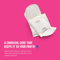 Winged design on FLO glo pad supports secure wear in underwear.