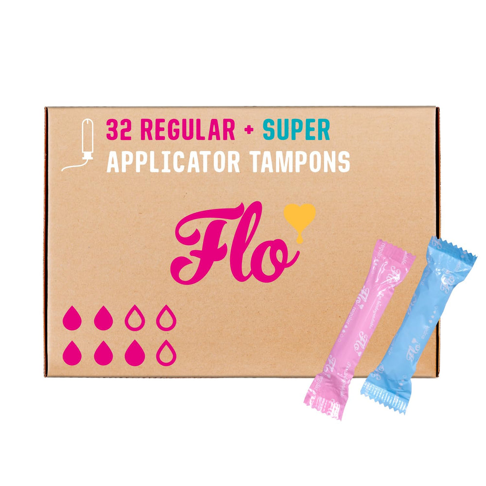 FLO 32-pack front view showing compact tampons for on-the-go protection
