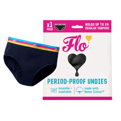 FLO hipster brief black large, front view, comfortable all-day wear with protection.