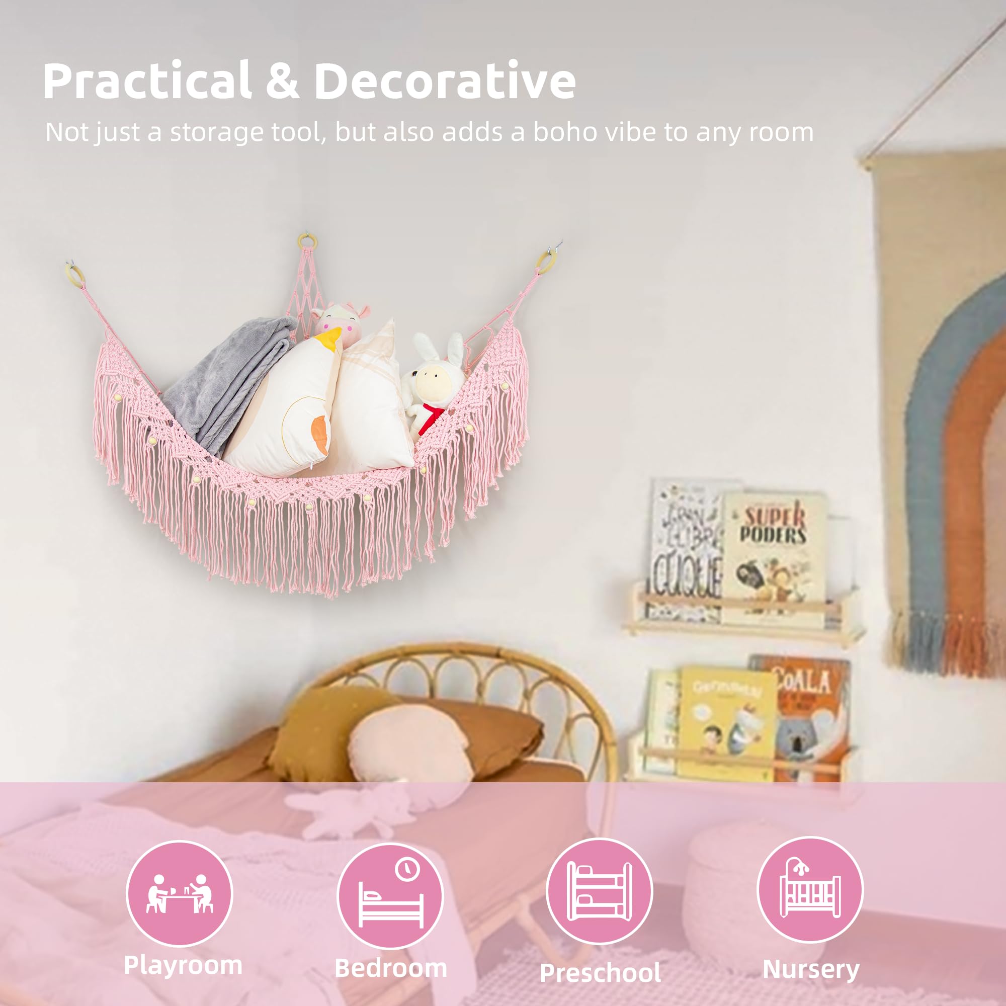 FLOCNOKY plushie-storage-hammock holds many toys and frees floor space.